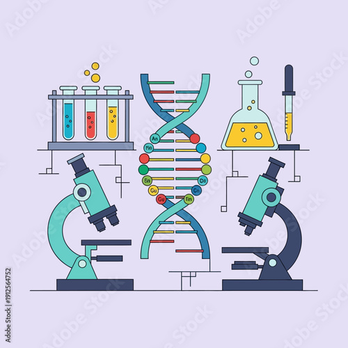 Genetics and Biology Laboratory Setup with DNA Helix, Microscopes, and Test Tubes