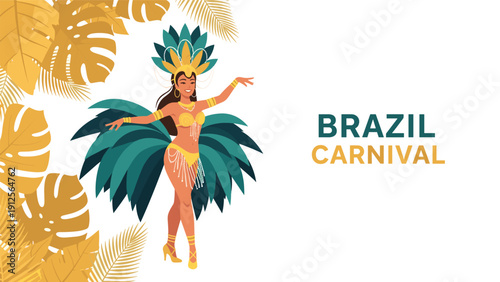 Brazilian carnival dancer wears a magnificent green feather costume and golden headdress while performing against a tropical leaf backdrop.