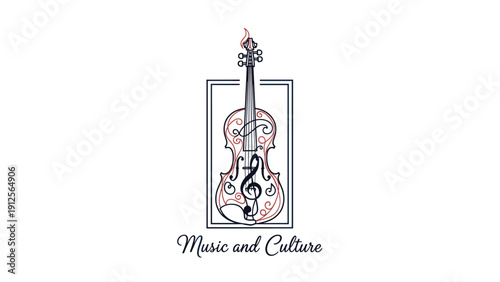 Artistic logo for music and culture features a detailed violin with decorative flourishes and a musical clef inside a frame.