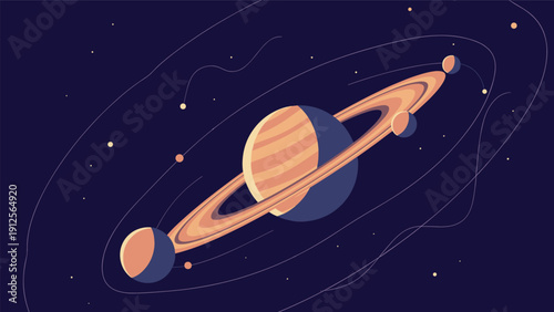 Beautiful celestial planet with multiple rings and orbiting moons is depicted in a colorful space scene using pixel art.