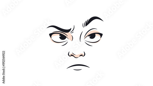 Expressive face illustration shows a skeptical or suspicious look with raised eyebrows and a pensive gaze directed sideways.