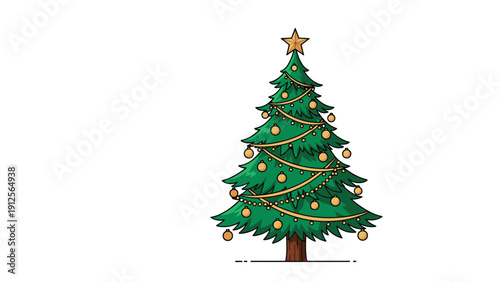 Traditional Christmas tree decorated with gold baubles, garlands, and a glowing star on top stands on a white background.
