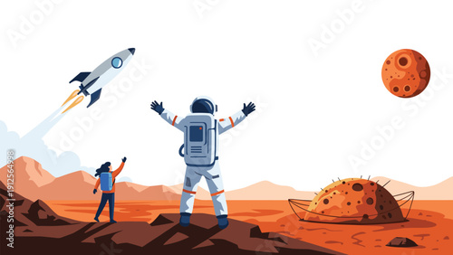 Astronaut and a child stand on the surface of Mars watching a rocket launch into space with the red planet in the distance.