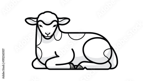 Minimalist line art drawing of a young lamb resting on the ground symbolizes peace, innocence, and farm animal life.