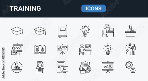 Collection of training and education related icons in linear style