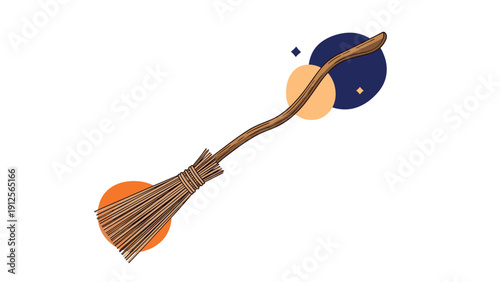Traditional wooden broomstick rests against a background of colorful abstract circles evoking themes of magic and Halloween.
