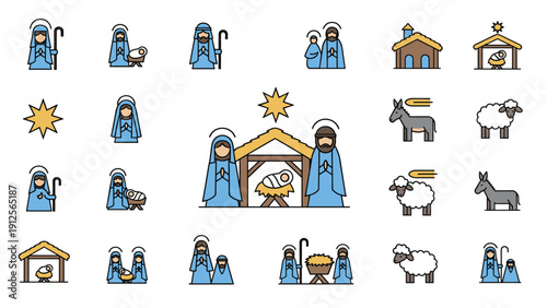 Extensive collection of Christmas nativity scene icons features the holy family wise men shepherds animals and the star.