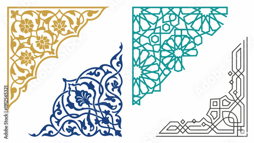 Islamic Corner Frame Border Ornament Icon Set, Gold Teal Blue Arabesque Decoration Collection Illustration