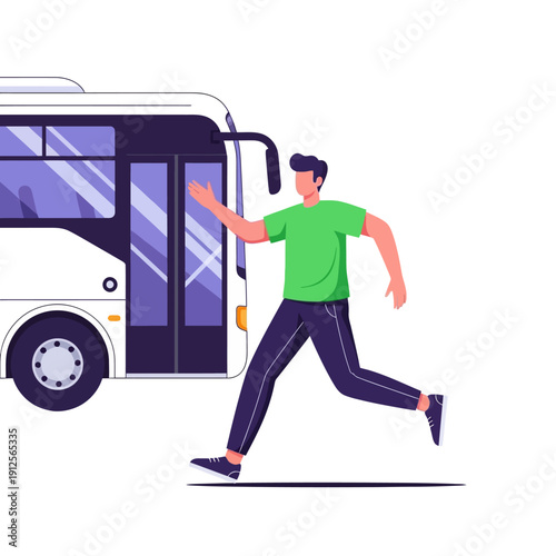 Running Man Trying to Catch the Bus. Stressed Male Passenger Late for Public Transportation. Flat Vector Illustration.