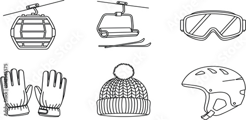 Winter Sports Icon Set Featuring Cable Car Gondola Ski Lift Goggles Winter Gloves Knitted Beanie Hat And Safety Helmet For SkiingWinter Sports Icon Set Featuring Cable 
