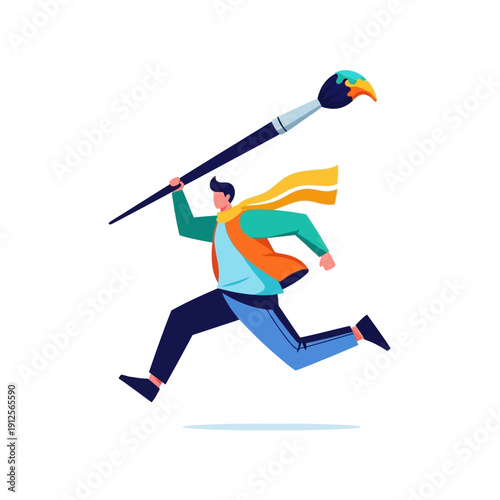 Running Creator with Giant Paintbrush Vector Illustration. Dynamic artistic pursuit, inspiration, and creative freedom in motion.