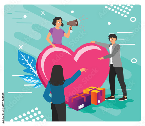 Volunteers with aid boxes and heart symbols for humanity.