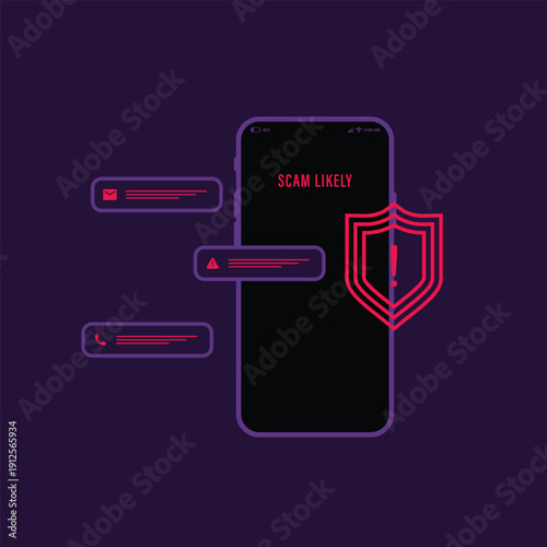 Digital Deception Alert: A stark portrayal of digital fraud, with a smartphone displaying a Scam Likely notification, surrounded by warning symbols.