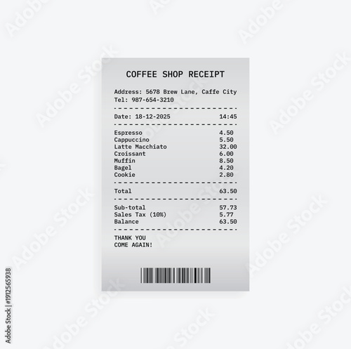 Coffee Shop Receipt: A close-up shot of a printed receipt from a coffee shop, showcasing the transaction details with a barcode.