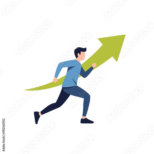 Progress and Growth Concept. Businessman Running Up Arrow Showing Success, Ambition, Development, and Positive Trend.