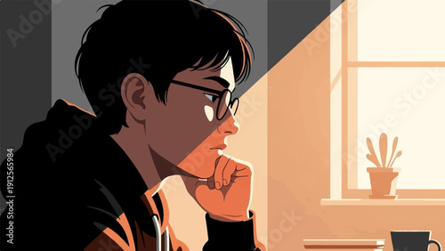 Young person wearing glasses, deep in thought in warm, sunlit room