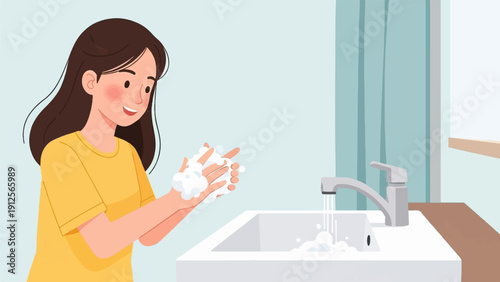 Young person washes hands with soap and water at a sink