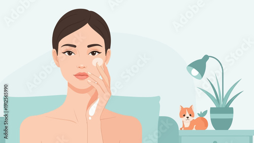 Young woman applies cream to her face with a small dog nearby