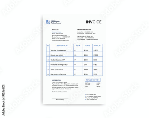 Invoice Document: A professional invoice template displayed with organized text, creating a clear financial record.
