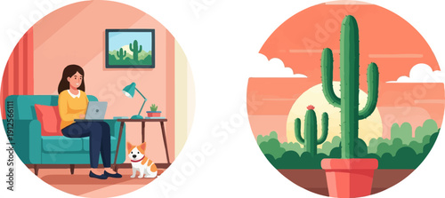 Woman working on laptop with dog, and potted desert cacti at sunset