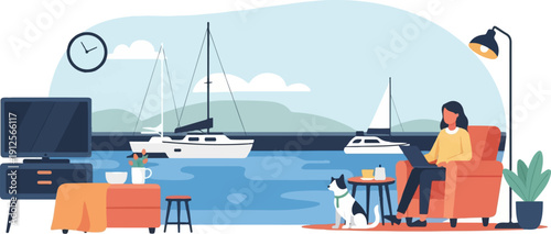 Woman working on laptop with dog and sailboats in background