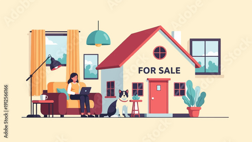Woman works on laptop at home with dog and house for sale sign
