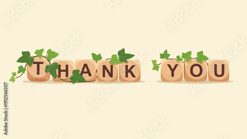 Wooden blocks spell out "Thank You," adorned with delicate green ivy vines