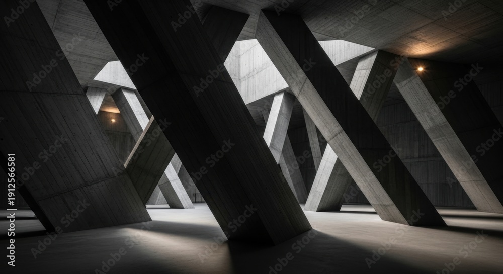 Obraz premium Modern concrete interior with dramatic lighting and angular architecture