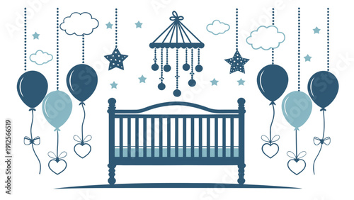 Baby crib with balloons and stars in nursery room