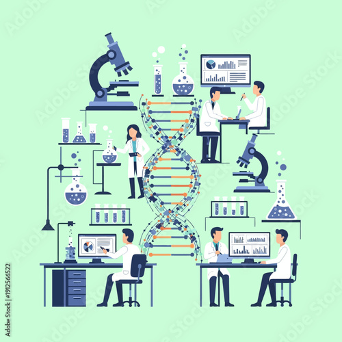 DNA Helix Research Lab: Scientists Analyze Genetic Data with Microscopes & Computers
