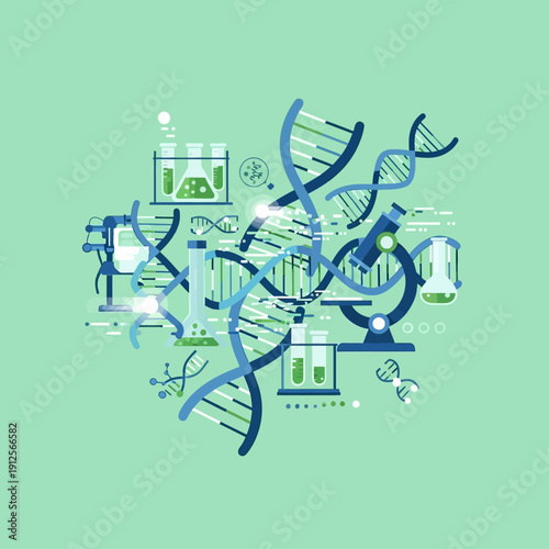 DNA helix, microscope, and lab equipment in science research concept