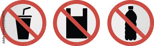 No Single Use Plastic Icons Showing Prohibited Cup, Bag, and Bottle Symbols for Environmental Protection, Recycling Awareness, and Eco Friendly Policy Design