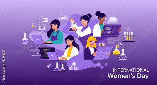 International Women’s Day Diverse Female Researchers Coding and Conducting Science Experiments Modern Flat Design