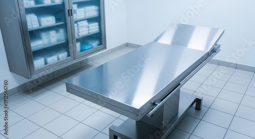 Sterile hospital autopsy room with metal examination table and storage cabinet in clean, bright environment