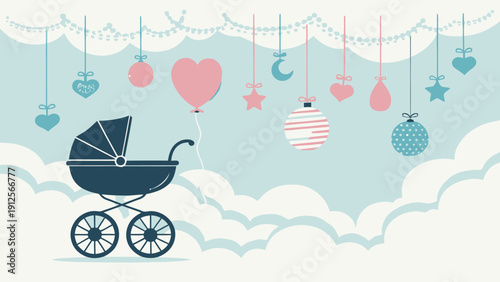 Baby stroller with hanging ornaments and decorations in pastel colors