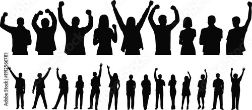 People cheering silhouettes set with raised hands, celebrating success, teamwork, motivation, and crowd enthusiasm, human figures illustration for business, events, and social concepts