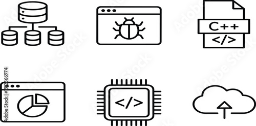 Computer programming and software development icon set, featuring database server, software bug testing, C++ coding file, data analytics chart, processor chip, and 
