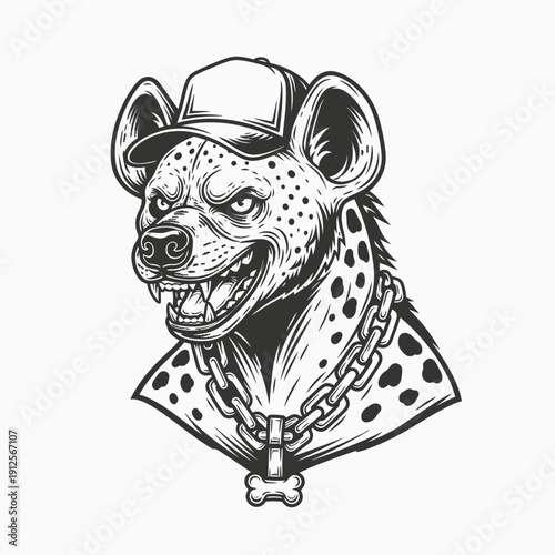Illustration of a hyena wearing a baseball cap and chain with a bone pendant, showcasing aggressive animal portrait