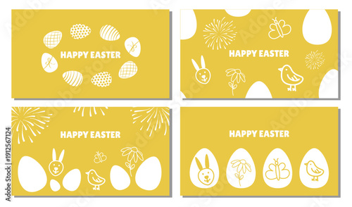 Set of cute Easter banners with eggs wreath and funny animals on yellow background. Fun spring cards for children events and holiday promotions.
