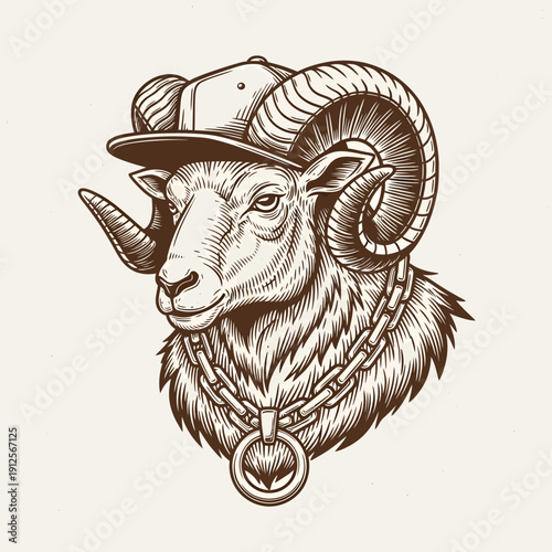 An illustration of a ram wearing a cap and chain, viewed from the side, showcasing its horns and fur in a detailed drawing.