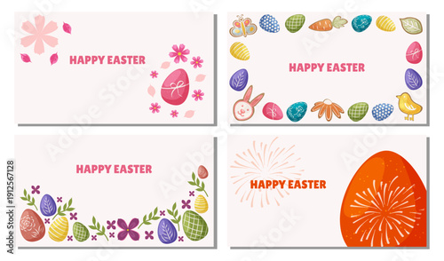 Set of cute Easter banners with eggs, pastry, flowers and fireworks on pink background. Fun spring card with large egg and festive lines for children events and holiday promotions.