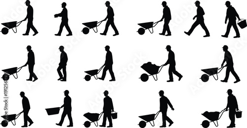 Silhouettes of construction workers with wheelbarrows and buckets, performing manual labor tasks, versatile illustration for industry, ergonomics, and instructional design themes
