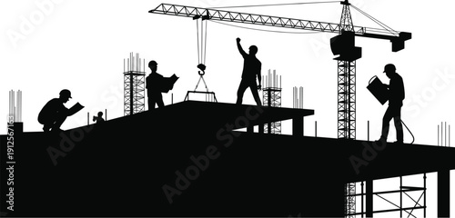 Silhouette illustration of construction site with workers, scaffolding, steel reinforcements, and tower crane, symbolizing teamwork, engineering, and industrial building process