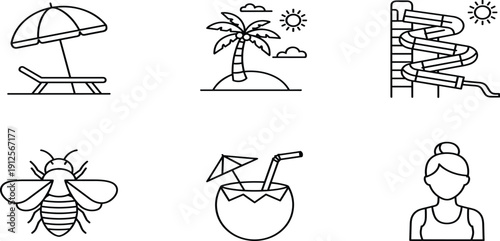 Summer vacation and leisure icon set featuring tropical beach palm island, sun lounger with umbrella, water slide, honey 