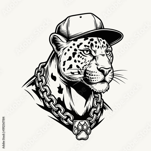 A stylized illustration of a leopard wearing a cap and chain, depicted in a bold black and white graphic style, viewed from the front.