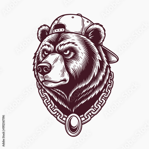 A stylized illustration of a bear wearing a cap and chain, symbolizing strength and fashion, depicted in a detailed monochromatic artwork