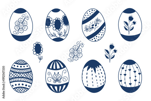 Set of hand drawn Easter eggs with floral and folk ornaments. Blue and white vector clipart, isolated elements for greeting cards, patterns, packaging and spring designs.