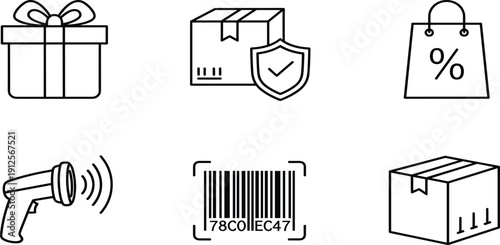 Ecommerce and logistics icon set featuring gift boxes, secure delivery packages, discount shopping bags, barcode scanners, and shipping cardboard boxes, for 