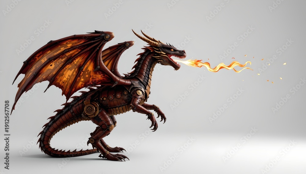Fototapeta premium A dragon figurine with flames in its mouth. It appears to be made of a metal that resembles brass or bronze, with a detailed texture that suggests intricate craftsmanship