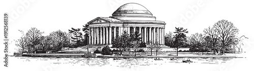 Thomas Jefferson Memorial across the Tidal Basin in Washington D.C. Hand-drawn engraving style.